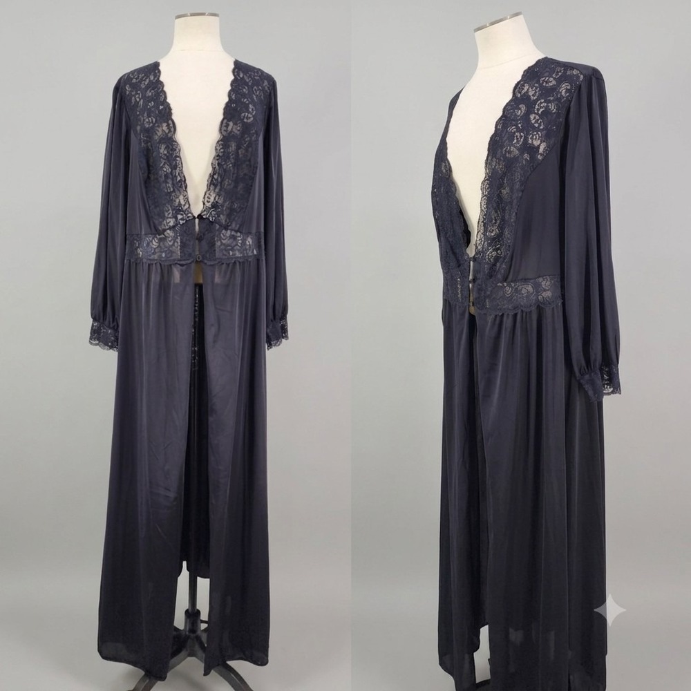 Vintage Nylon Maxi Robe Sheer Whimsigoth Dark Romance Inset Lace Plunge Size XL?